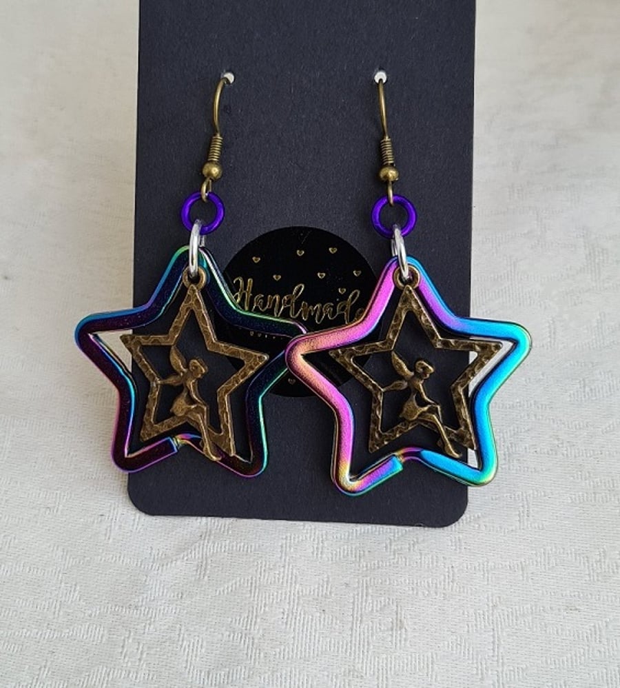 Gorgeous Rainbow Star With Dark-Tone Fairy Charm Earrings