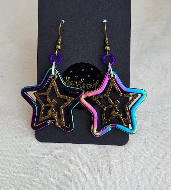 Gorgeous Rainbow Star With Dark-Tone Fairy Charm Earrings