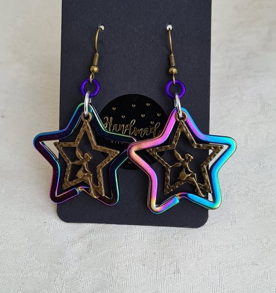 Gorgeous Rainbow Star With Dark-Tone Fairy Charm Earrings