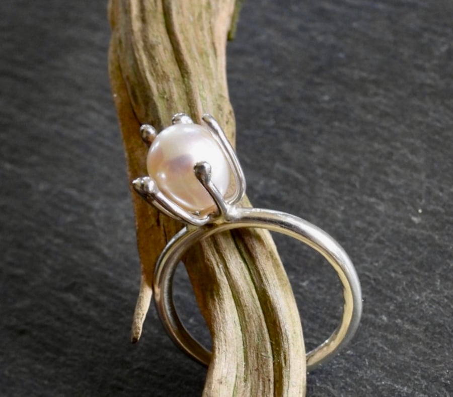 White Natural Pearl, Nature Inspired Silver Ring.