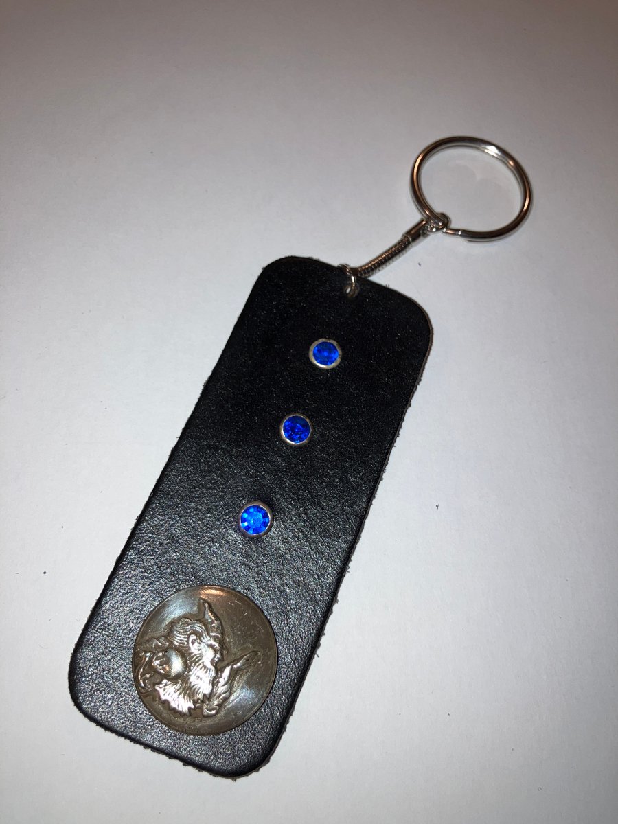 Black dyed Leather Keyring with 3 Blue Gemstones & Wizard FREE SHIPPING
