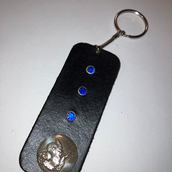 Black dyed Leather Keyring with 3 Blue Gemstones & Wizard FREE SHIPPING