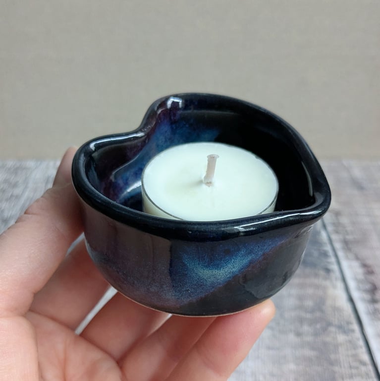 Perfectly imperfect Ceramic heart tealight, black with hints of blue and purple