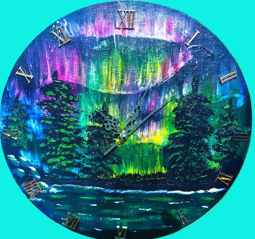 Wall Clock, with Hand Painted Northern Lights theme