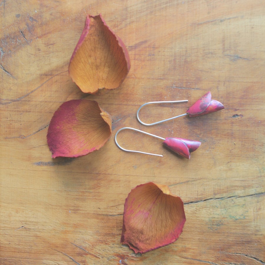 Copper Rosebud Long Dangle Earrings