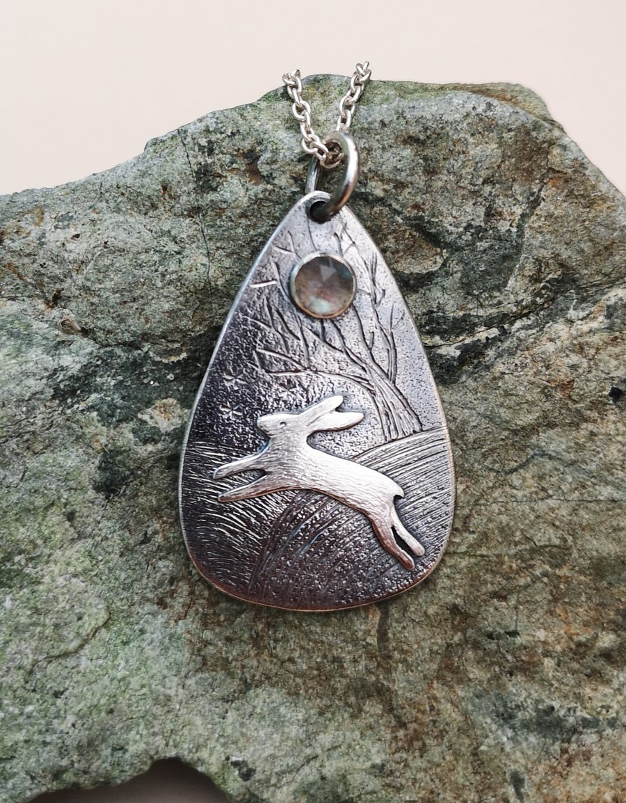Leaping Hare Pendant with labradorite