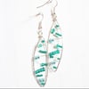 Leaf shaped silver wire wrapped drop earrings with green, blue and teal beads