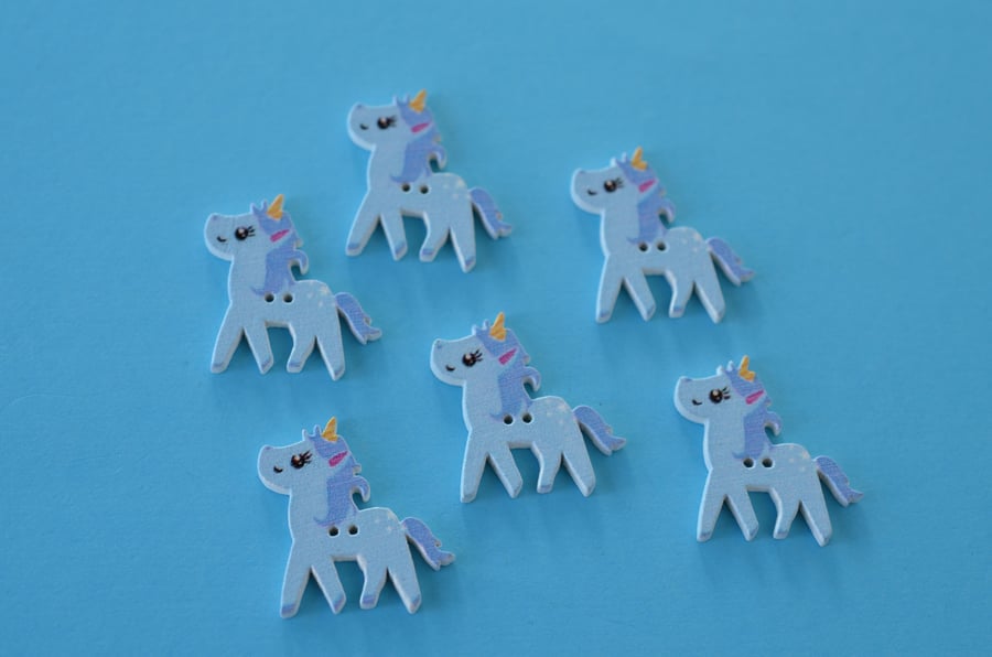 Wooden Blue Unicorn Buttons  6pk 25x20mm approx. (U4)
