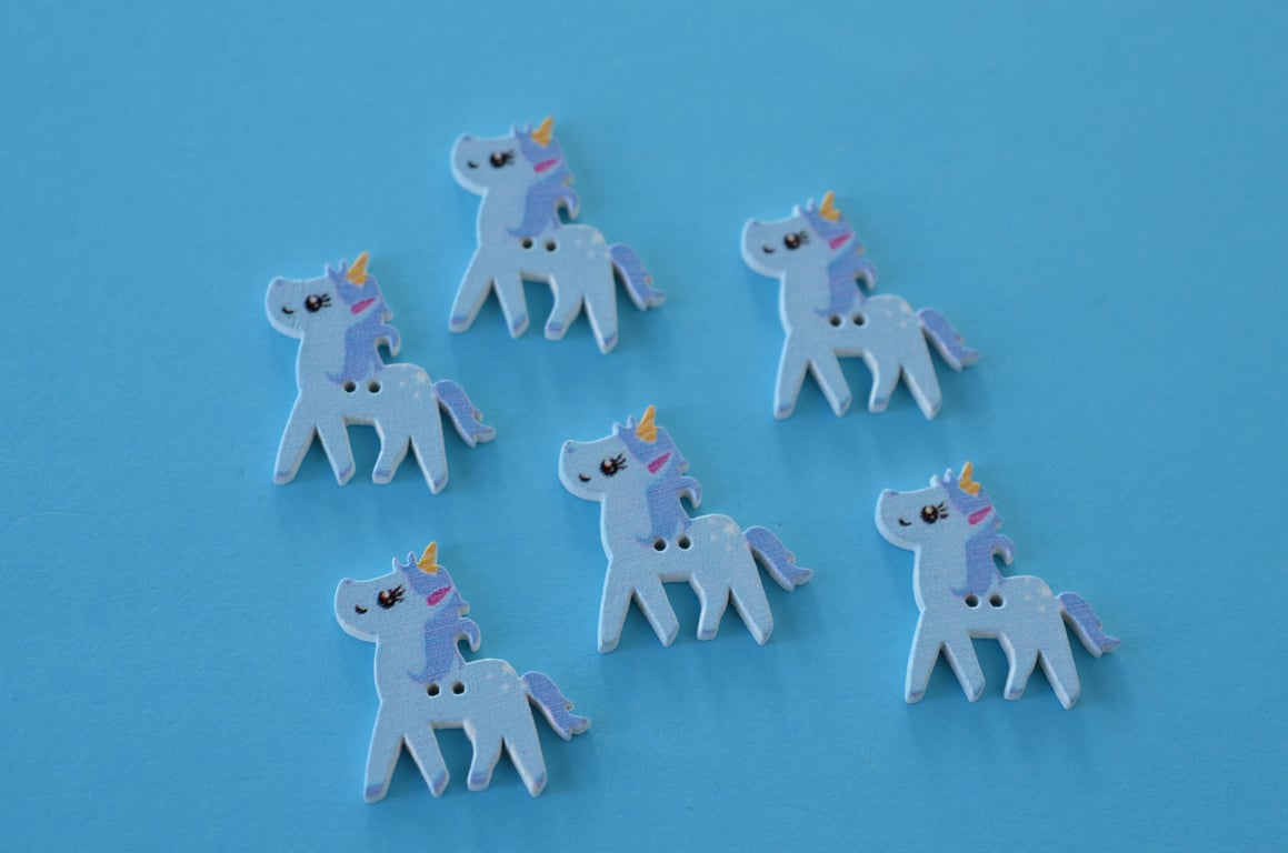 Wooden Blue Unicorn Buttons  6pk 25x20mm approx. (U4)