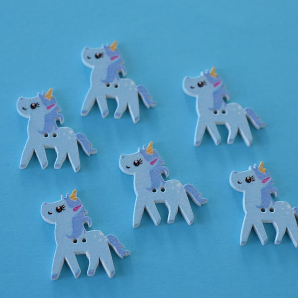 Wooden Blue Unicorn Buttons  6pk 25x20mm approx. (U4)