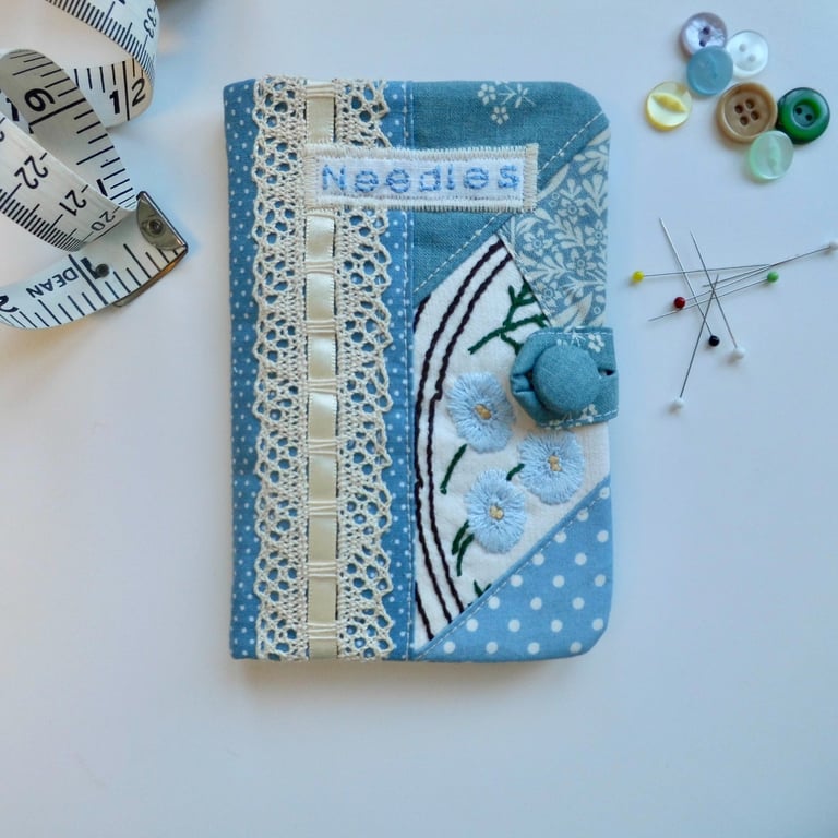 Sewing needle case reclaimed embroidery and blue patchwork