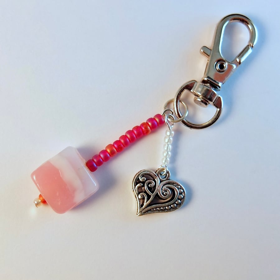 Bag Charm, Pink Square Murano Glass Bead & Heart Charm, Birthday Gift For Her