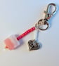 Bag Charm, Pink Square Murano Glass Bead & Heart Charm, Birthday Gift For Her