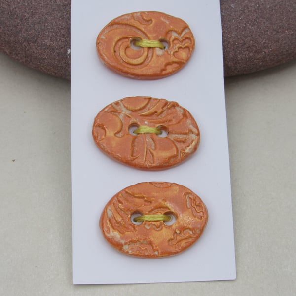 3 Medium Oval Terracotta Glazed Brocade Pattern Ceramic Buttons