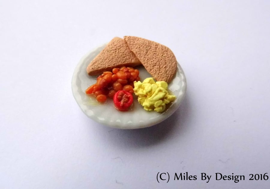 Scrambled Egg and Beans on Toast Breakfast Plate for Dolls House - Food- Polymer