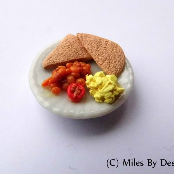 Scrambled Egg and Beans on Toast Breakfast Plate for Dolls House - Food- Polymer