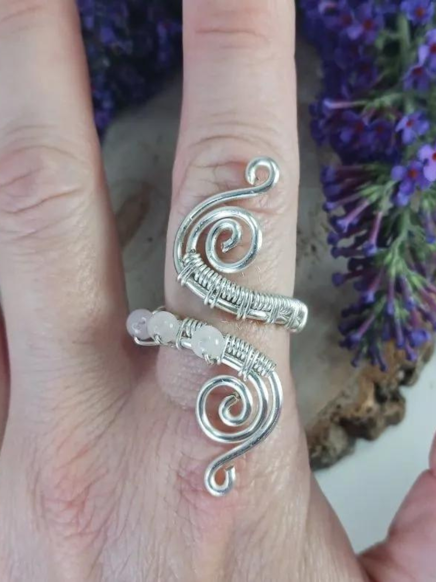  Rose Quartz Wire Work Adjustable Ring with Silver-Tone Wire