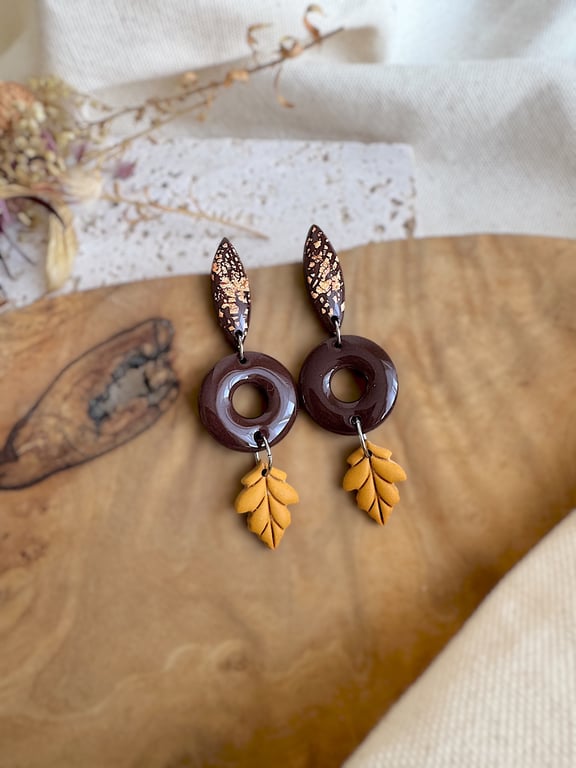 Autumn Copper Flake Marquise & Mustard Leaf Dangles – Polymer Clay Earrings