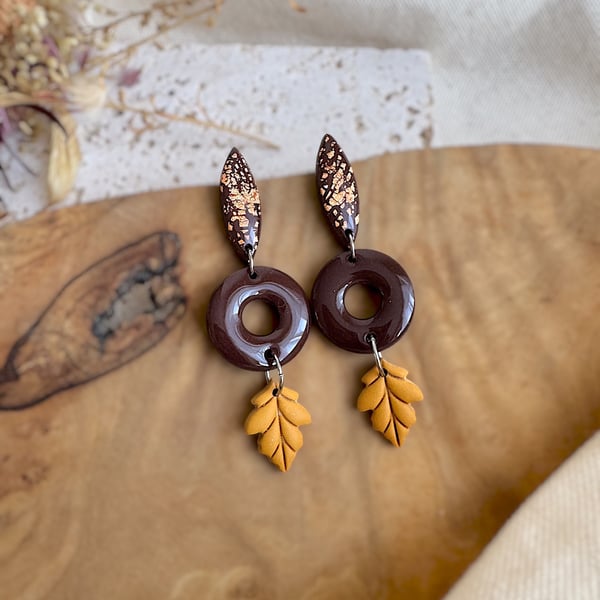 Autumn Copper Flake Marquise & Mustard Leaf Dangles – Polymer Clay Earrings