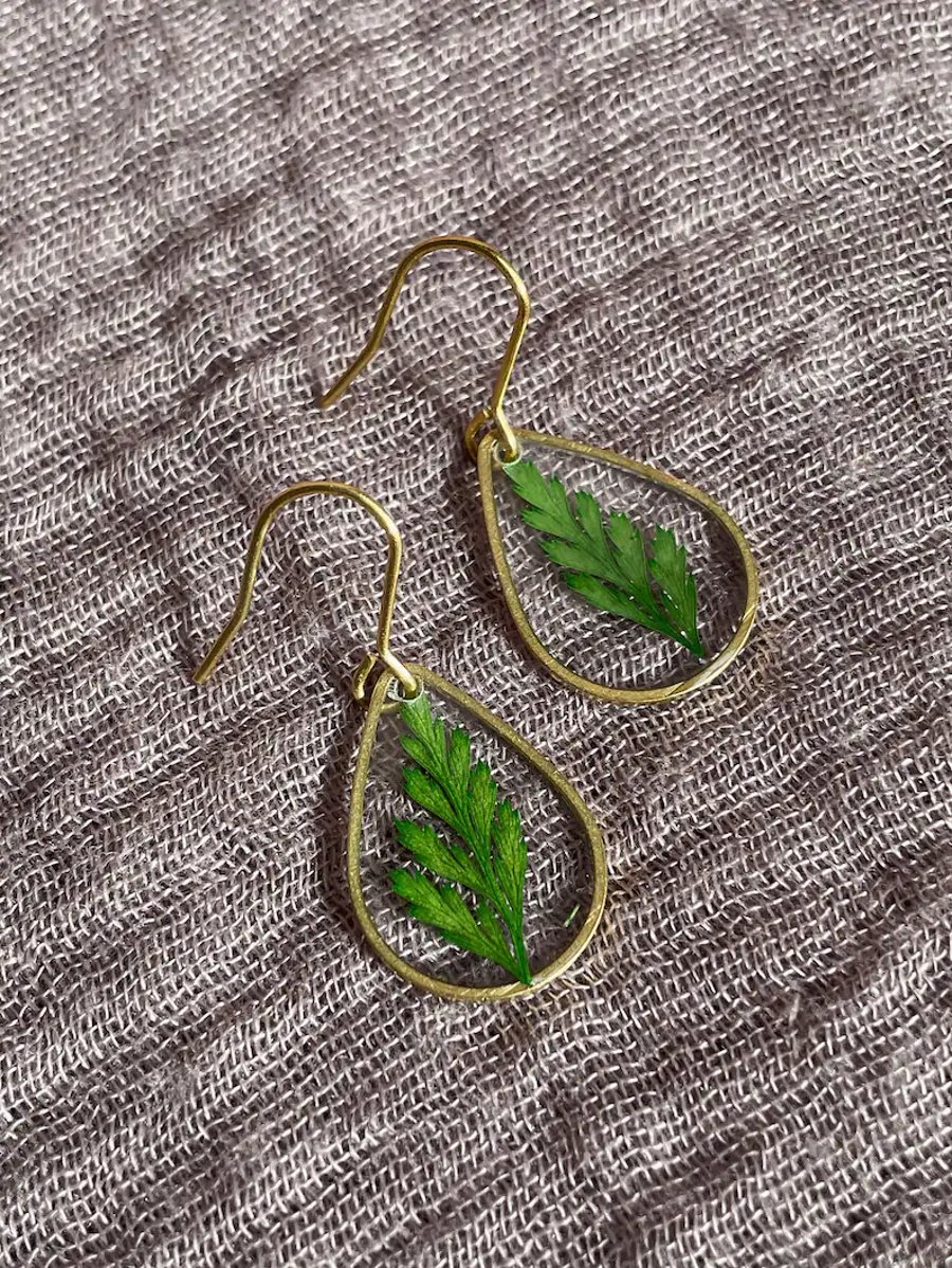 Handmade preserved fern resin earrings, natural flower jewellery, gift for her