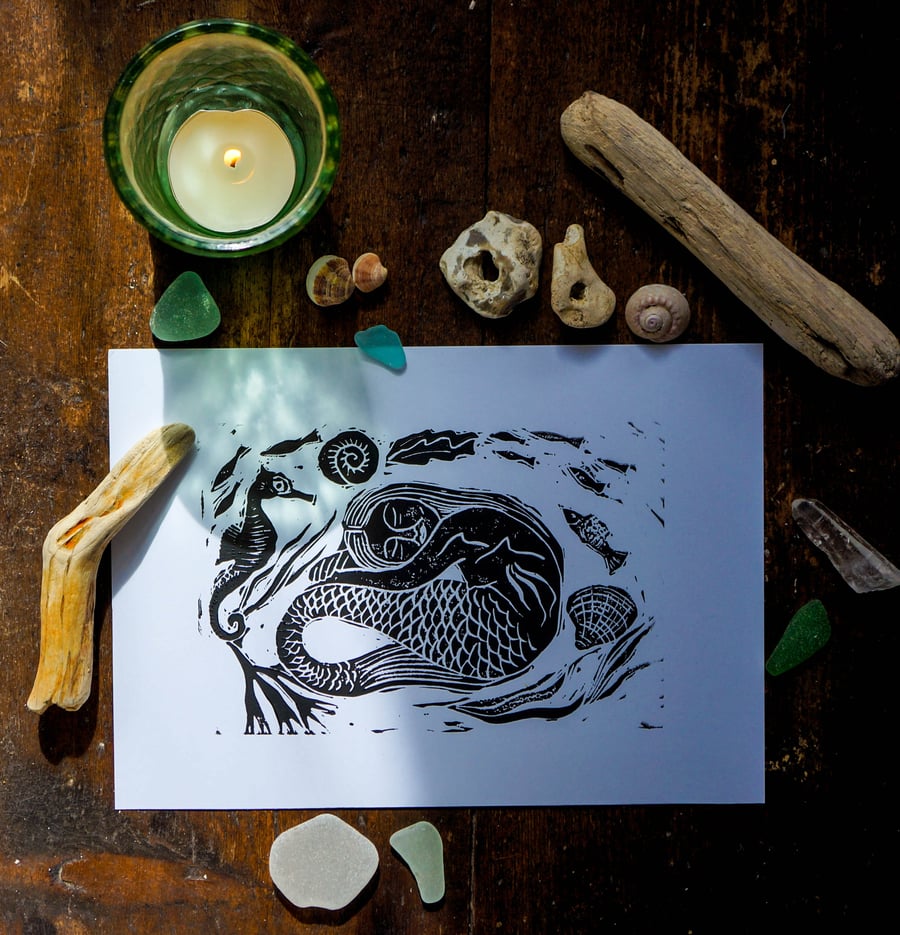 Linocut Mermaid Print