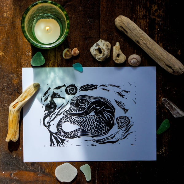 Linocut Mermaid Print