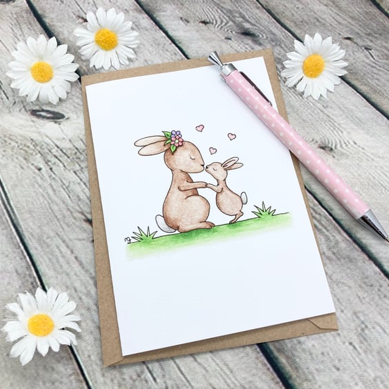Mother & Baby Bunnies Card - Birthday Card - Easter Card - Blank Card 