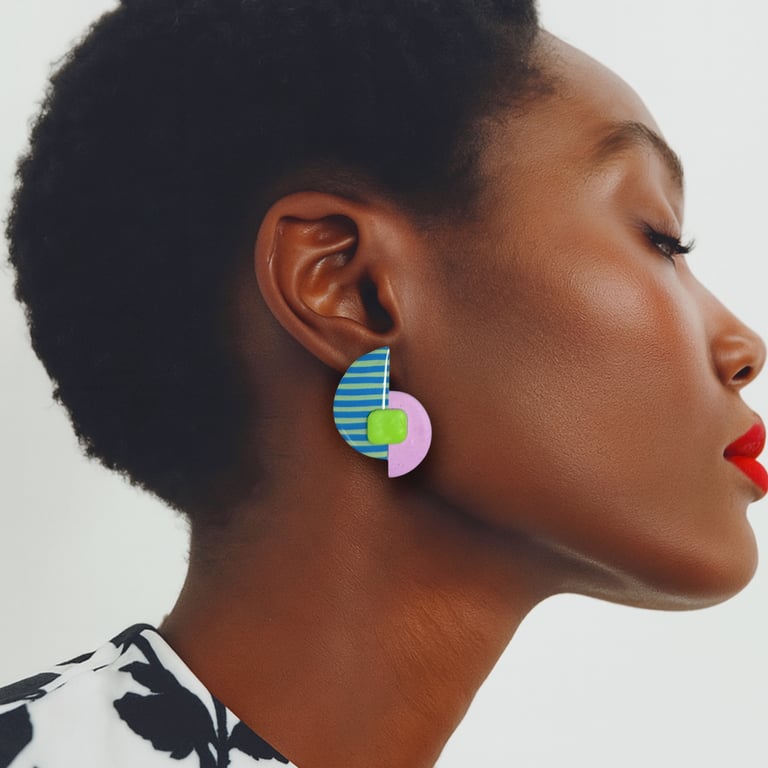 Bold Striped Geometric Polymer Clay Earrings – Blue & Green Statement Studs 