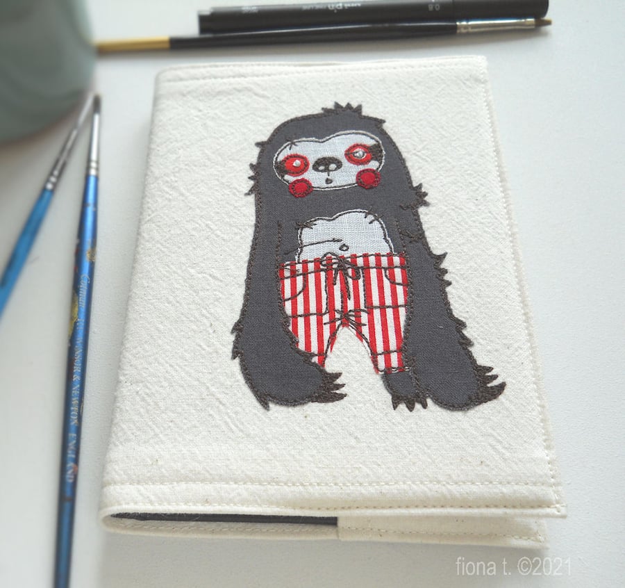freehand embroidered zombie sloth in red pyjamas - A6 sketchbook notebook cover 