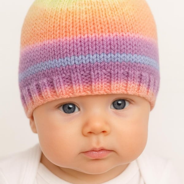 Baby Girl Hand Knitted Beanie Hat, Pastel Stripes, Newborn Gifts, Winter 
