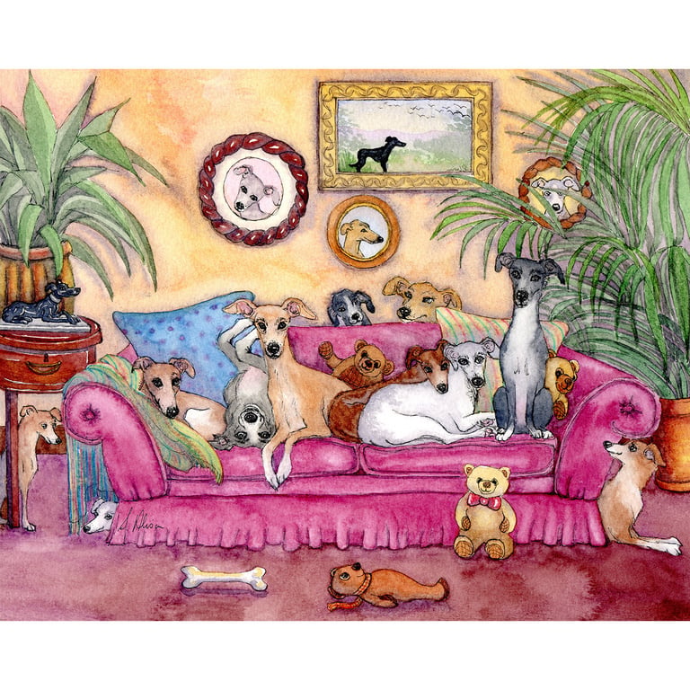 Sighthound Dogs on Sofa Print: Greyhound, Whippet, Lurcher Watercolor Art