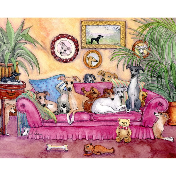 Sighthound Dogs on Sofa Print: Greyhound, Whippet, Lurcher Watercolor Art