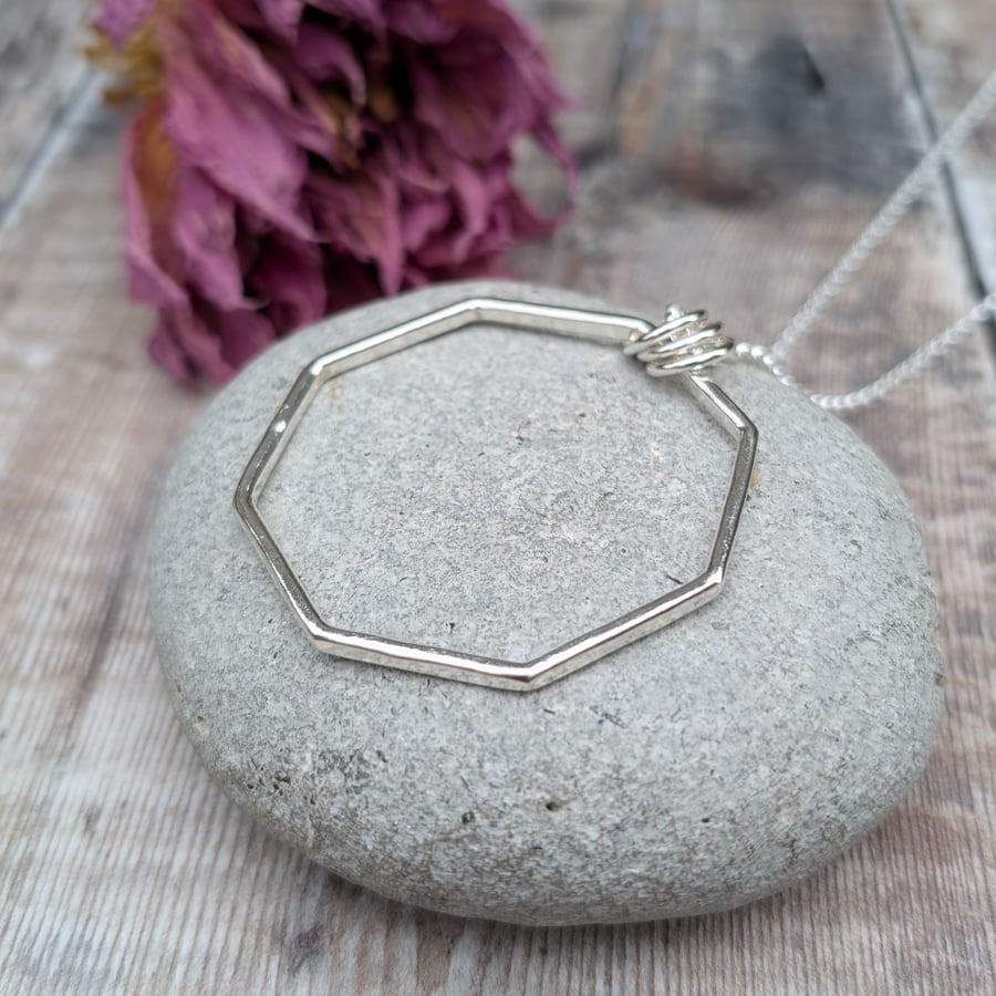 Sterling Silver Long Octagon Geometric Circle Statement Necklace - JBJ2025