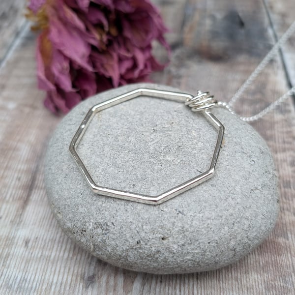 Sterling Silver Long Octagon Geometric Circle Statement Necklace - JBJ2025