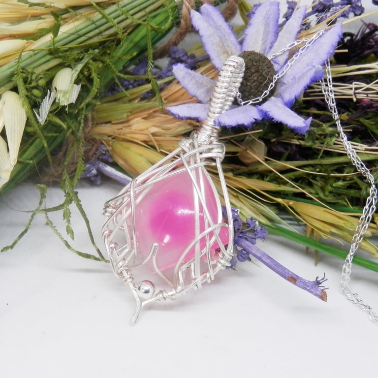 Sterling Silver Wire Wrapped Necklace With Pink Agate