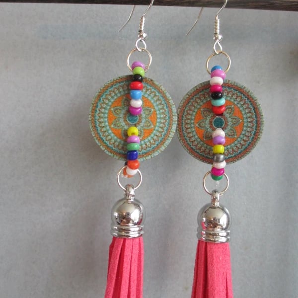 Gorgeous Wodden Button Leather Tassel Earrings