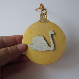 SALE White Swan Christmas Tree Bauble Decoration Wooden Glittery Hanging Bird