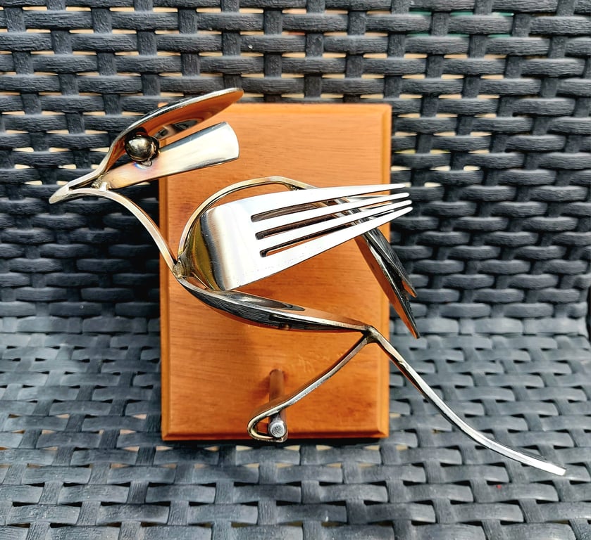 Silverware Bird Sculpture, Upcycled Metal Art on Mahogany.