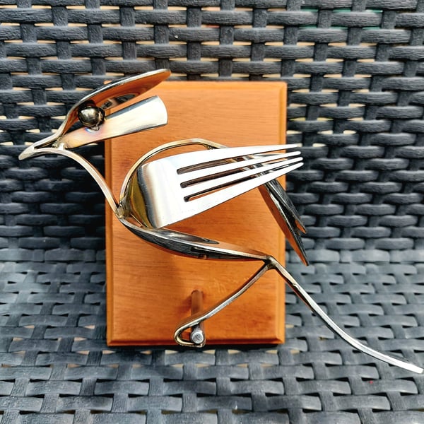Silverware Bird Sculpture, Upcycled Metal Art on Mahogany.
