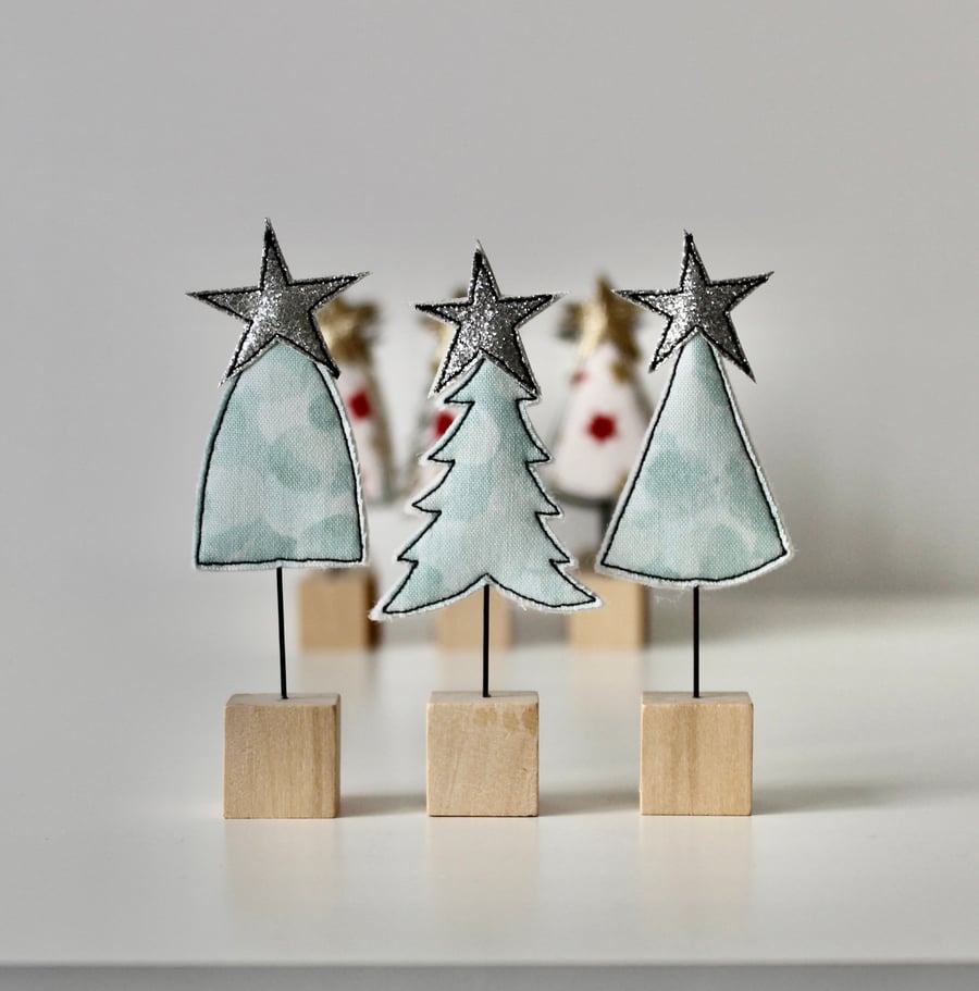 Three Christmas Trees with Wire Stems and Wooden Block Stands