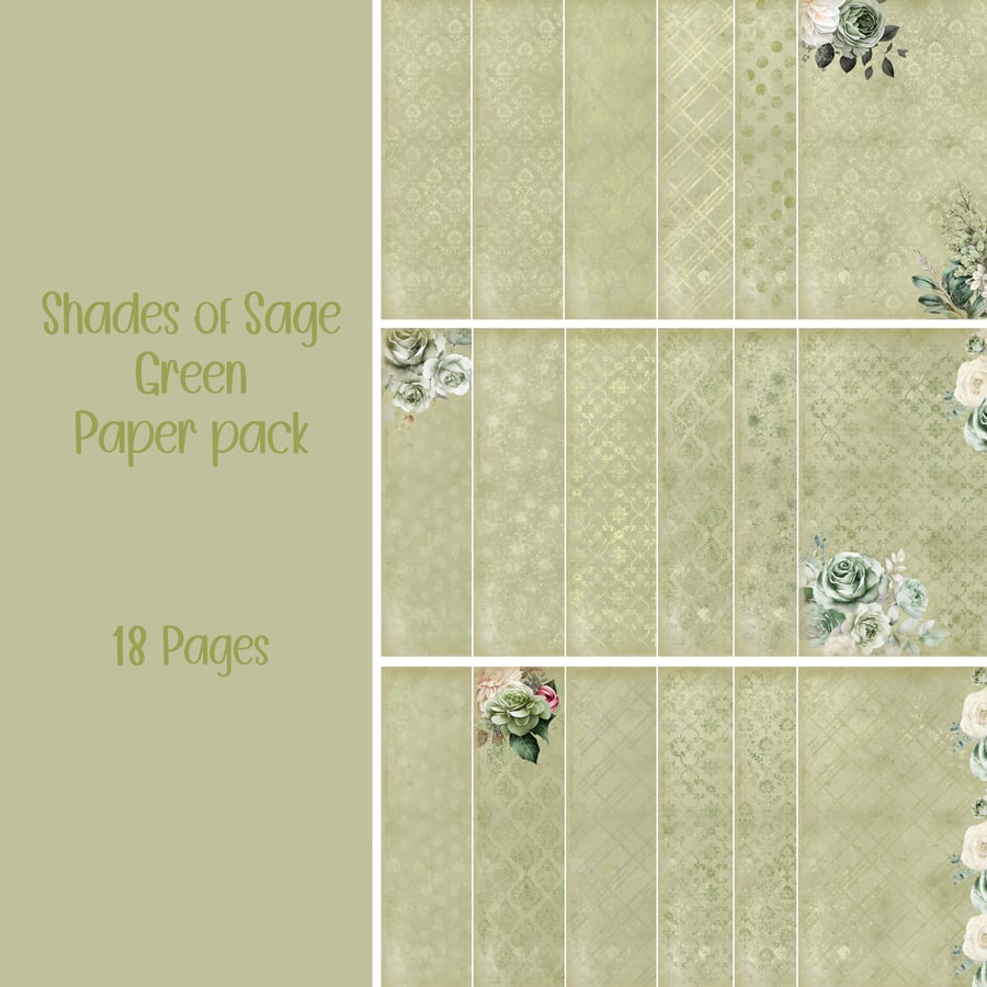 Shades of Sage Green Paper pack Scrapbooking, Ephemera, Digital Download