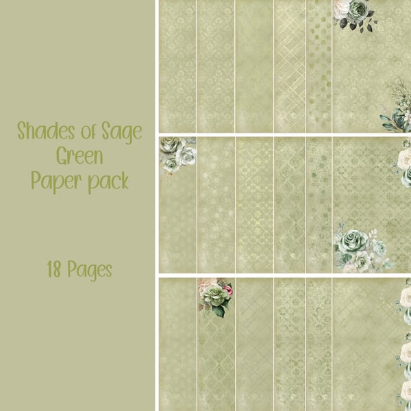 Shades of Sage Green Paper pack Scrapbooking, Ephemera, Digital Download