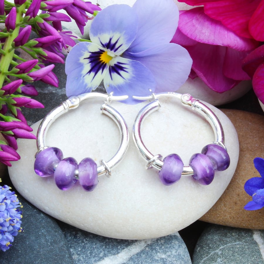 Amethyst Earrings, Purple Stone, Handmade, Silver Sleeper Hoops, Pebble, No.5
