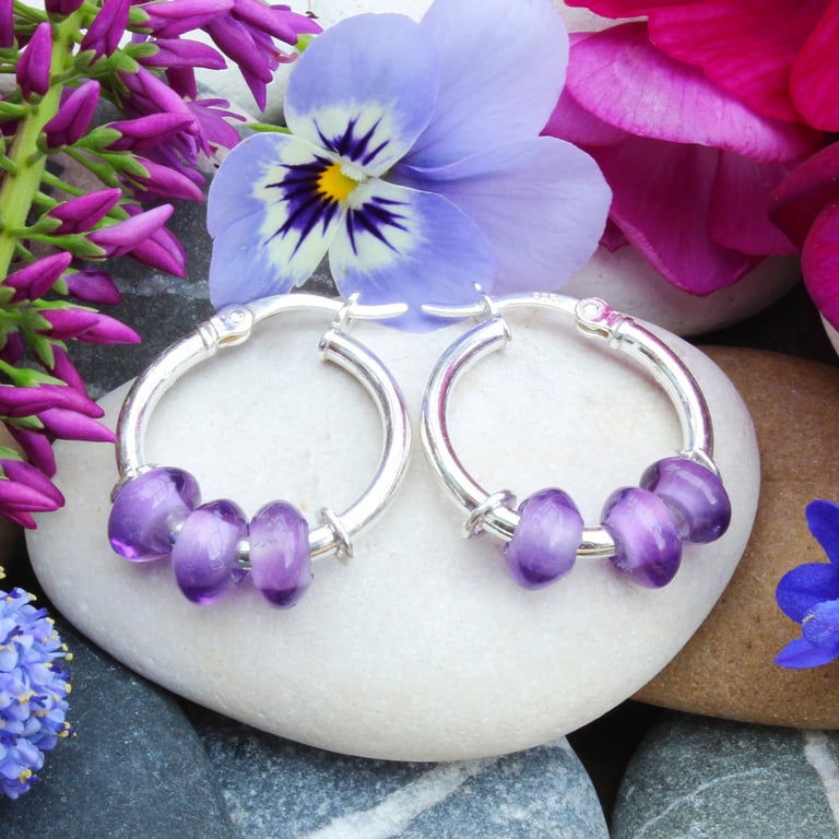 Amethyst Earrings, Purple Stone, Handmade, Silver Sleeper Hoops, Pebble, No.5