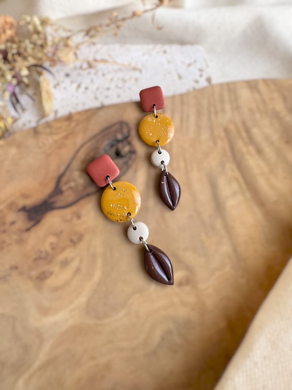 Autumn Metallic Terracotta and Speckled Amber Tiered Polymer Clay Earrings 