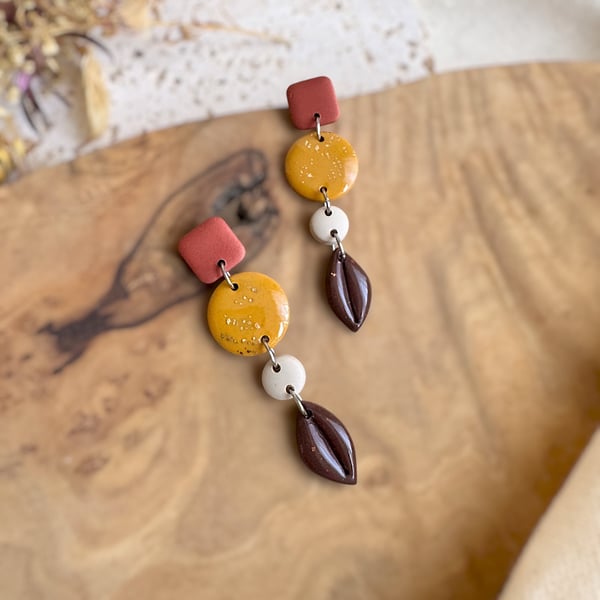 Autumn Metallic Terracotta and Speckled Amber Tiered Polymer Clay Earrings 