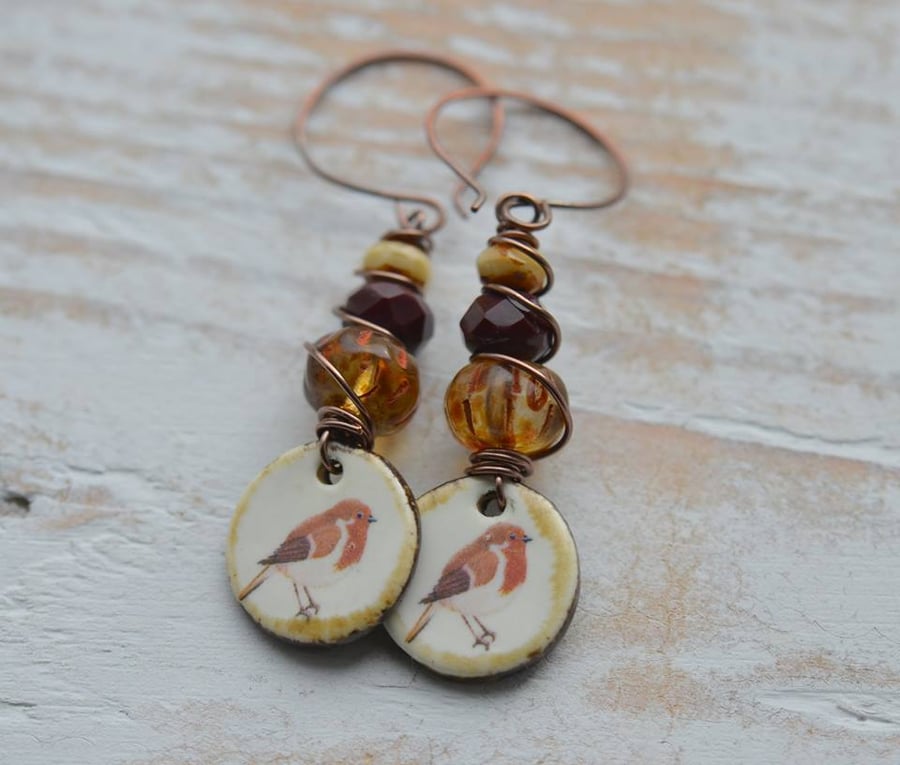 Handmade earrings with ceramic robin charms and Czech beads