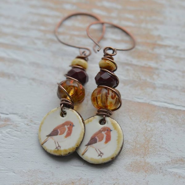 Handmade earrings with ceramic robin charms and Czech beads