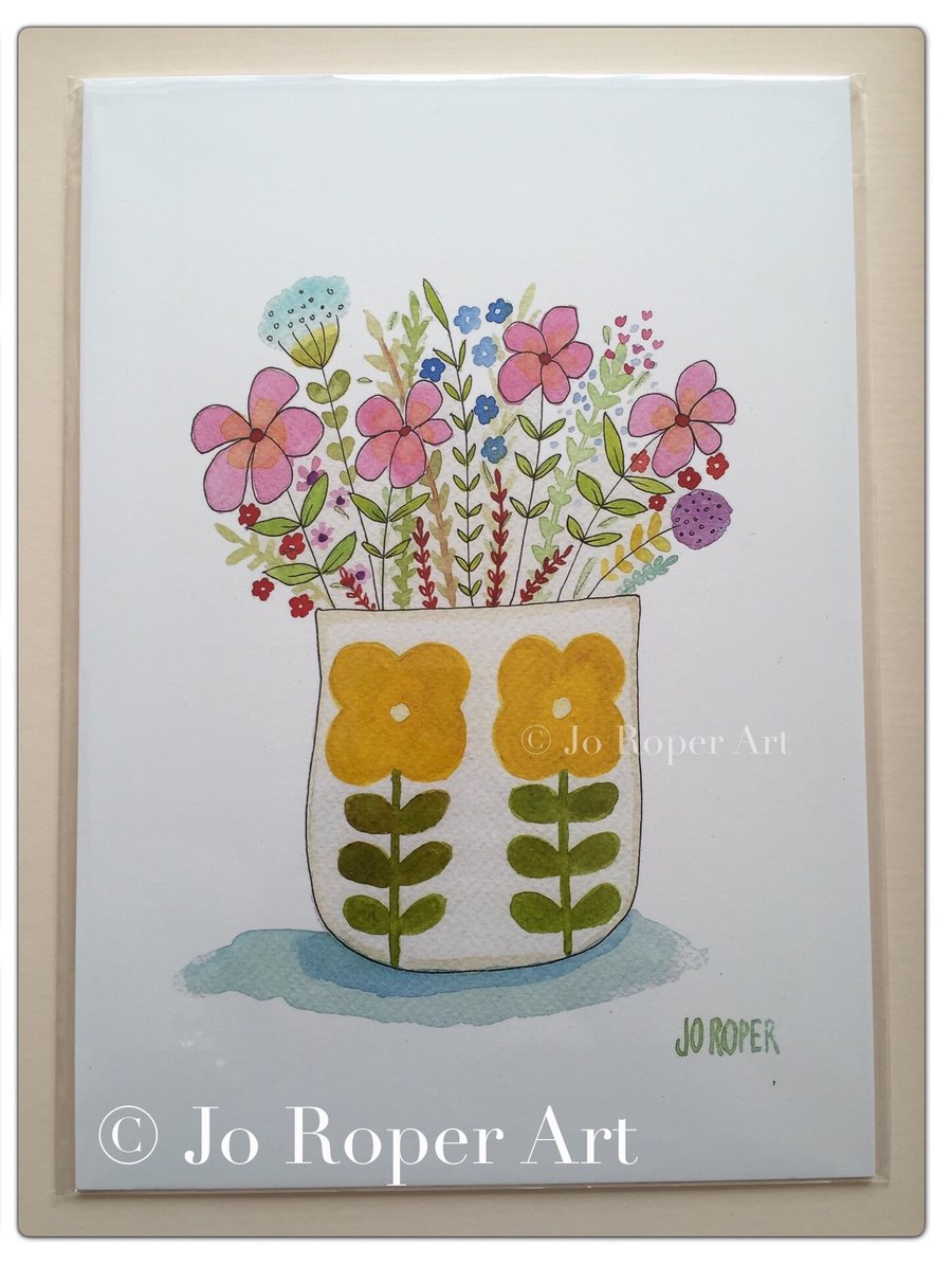 YELLOW Orla Kiely vase is an A4 Giclee Print  by Jo Roper Art