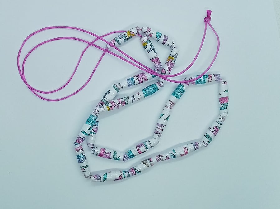 Handmade halloweiner pink and white paper bead necklace